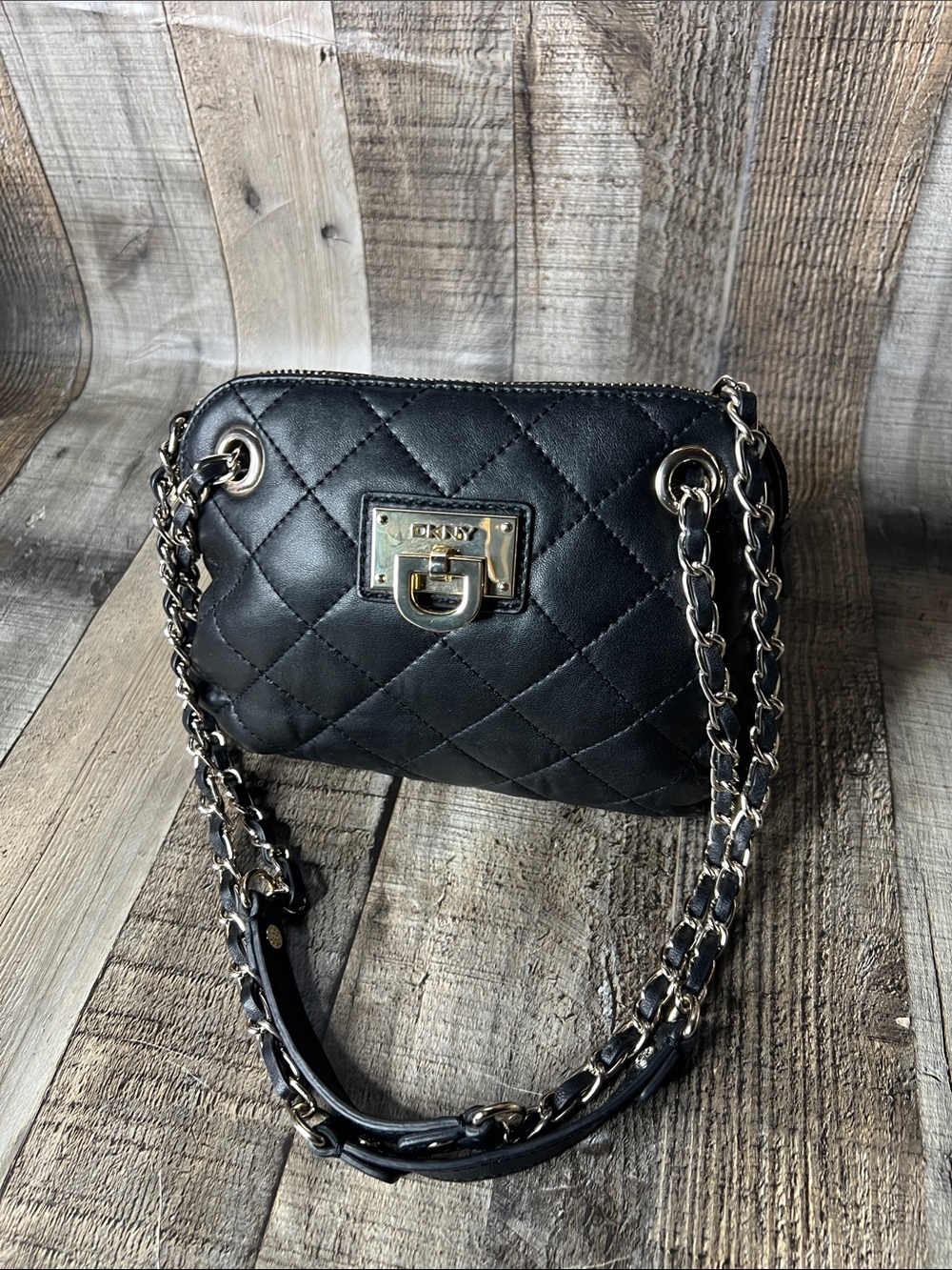 DKNY Donna Karan Quilted Soft Leather Small Handbag with Chain Straps